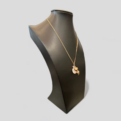 Collana corta catena in argento 925 placcato oro rosa con pendenti: 2 perle irregolari, 1 punto luce, un cornetto con zirconi, cuore e stella bombate