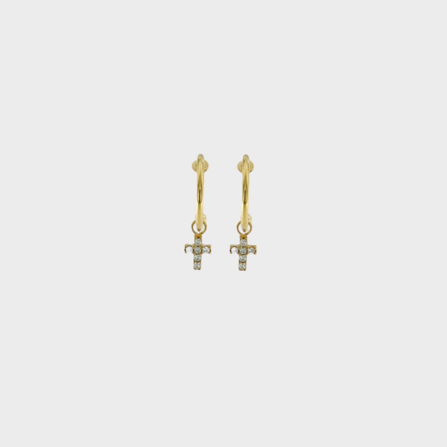 Orecchini cerchietto in oro 9 kt con croce in zirconi pendente