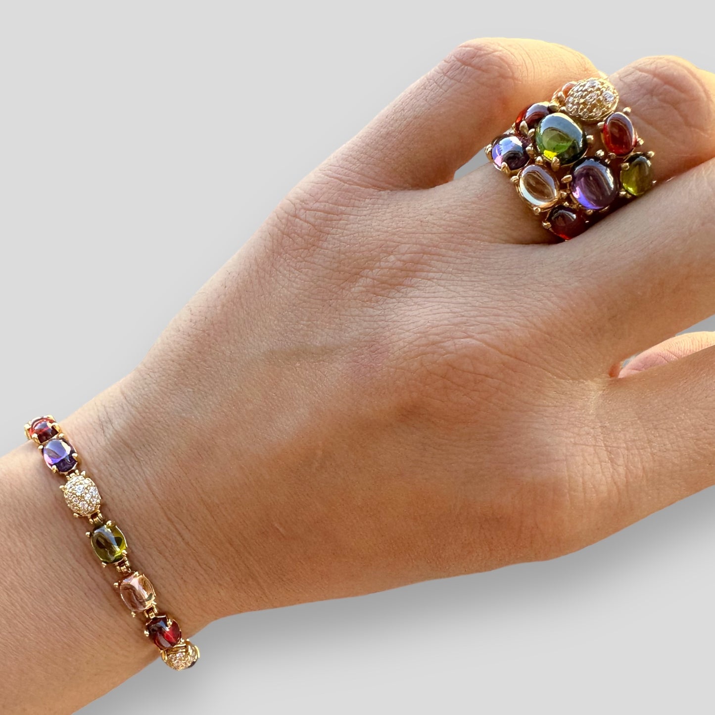 #Bracciale in argento 925 placcato oro giallo con pietre naturali taglio cabochon e zirconi