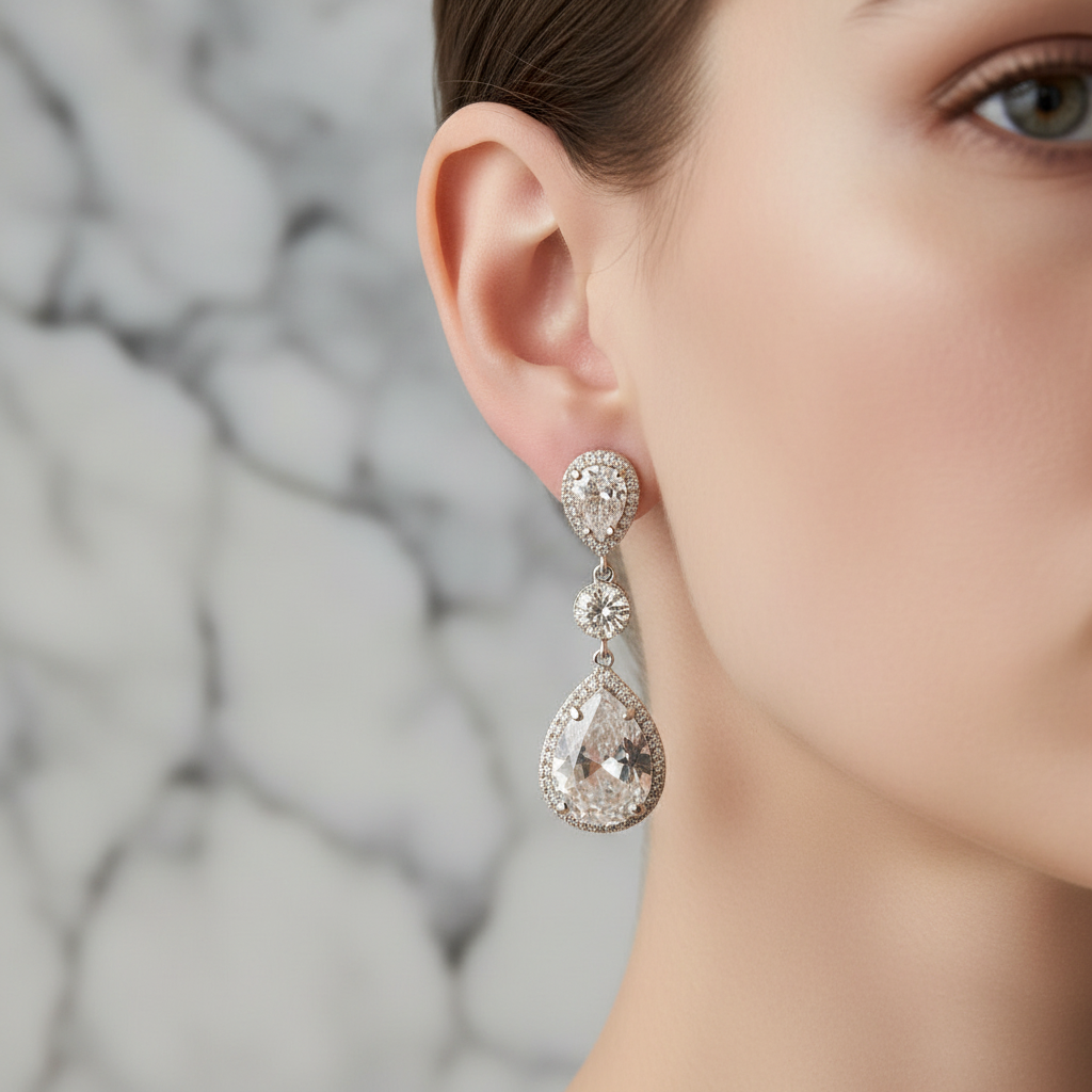 Orecchini pendenti a goccia in argento 925 rodiato e zirconi