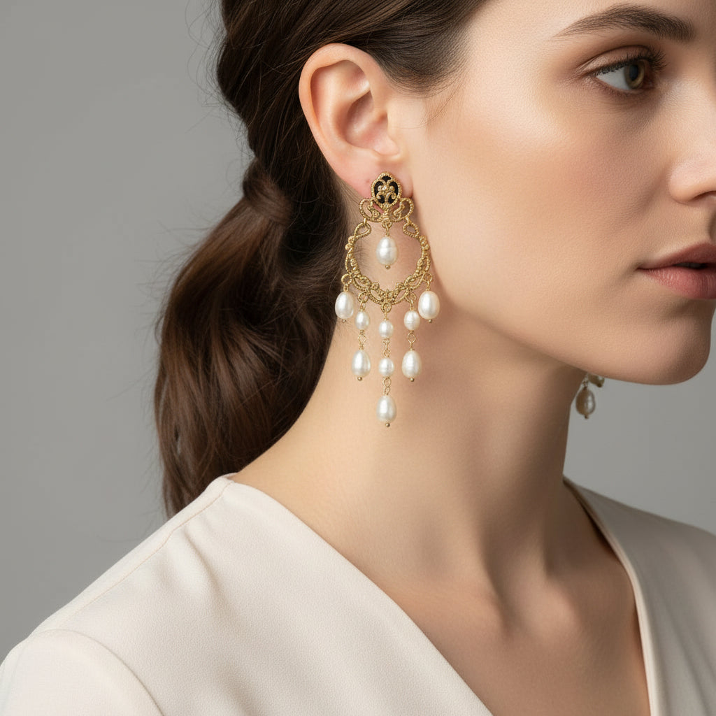 Orecchini in argento 925 placcato oro giallo con perle d’acqua dolce naturali. Fatti a mano