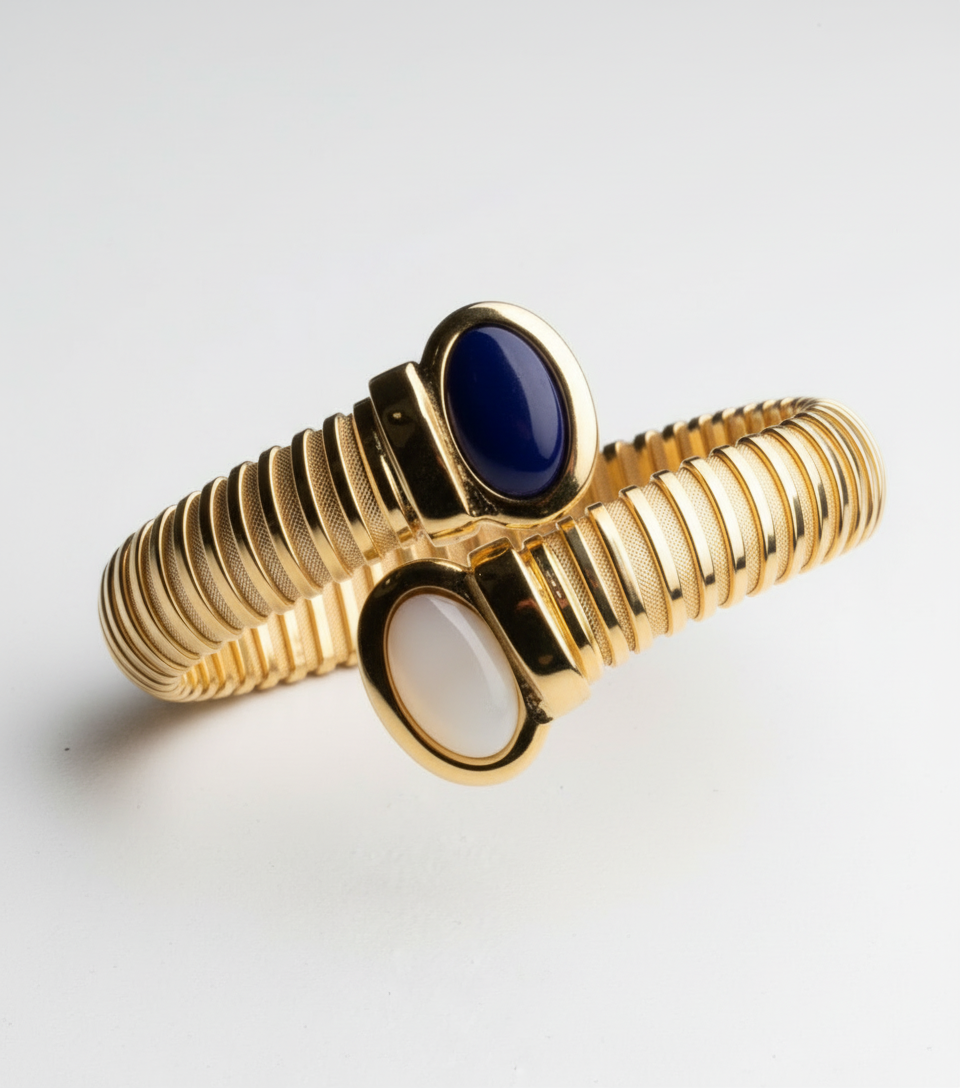 Bracciale Tubogas Contrariè in Argento 925 Placcato Oro Giallo con Pietre Cabochon di Malachite e Madreperla o Lapis