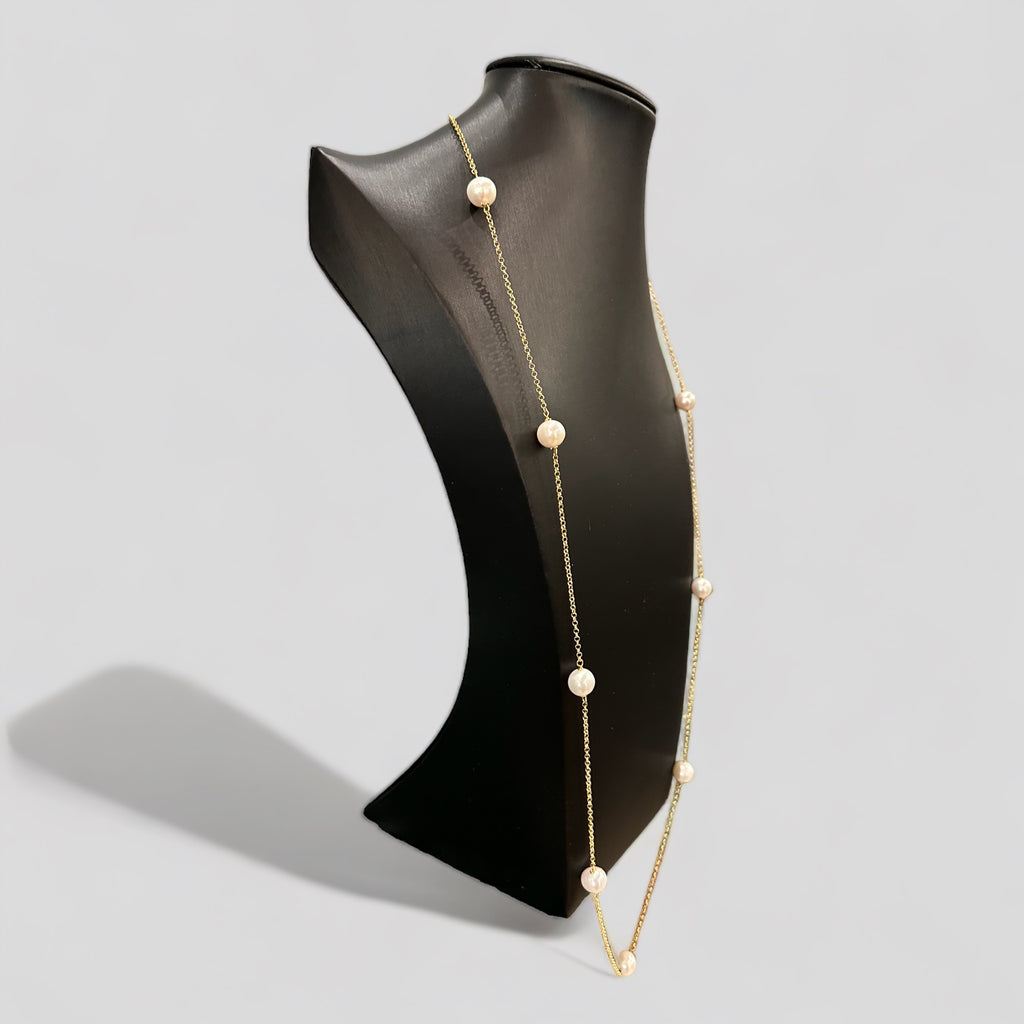 collana lunga catena rollò in argento 925 placcato oro giallo con perle naturali d'acqua dolce alternate