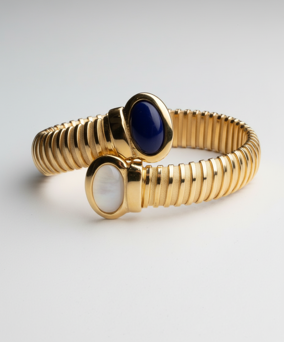 Bracciale Tubogas Contrariè in Argento 925 Placcato Oro Giallo con Pietre Cabochon di Malachite e Madreperla o Lapis
