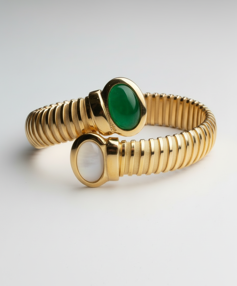 Bracciale Tubogas Contrariè in Argento 925 Placcato Oro Giallo con Pietre Cabochon di Malachite e Madreperla o Lapis