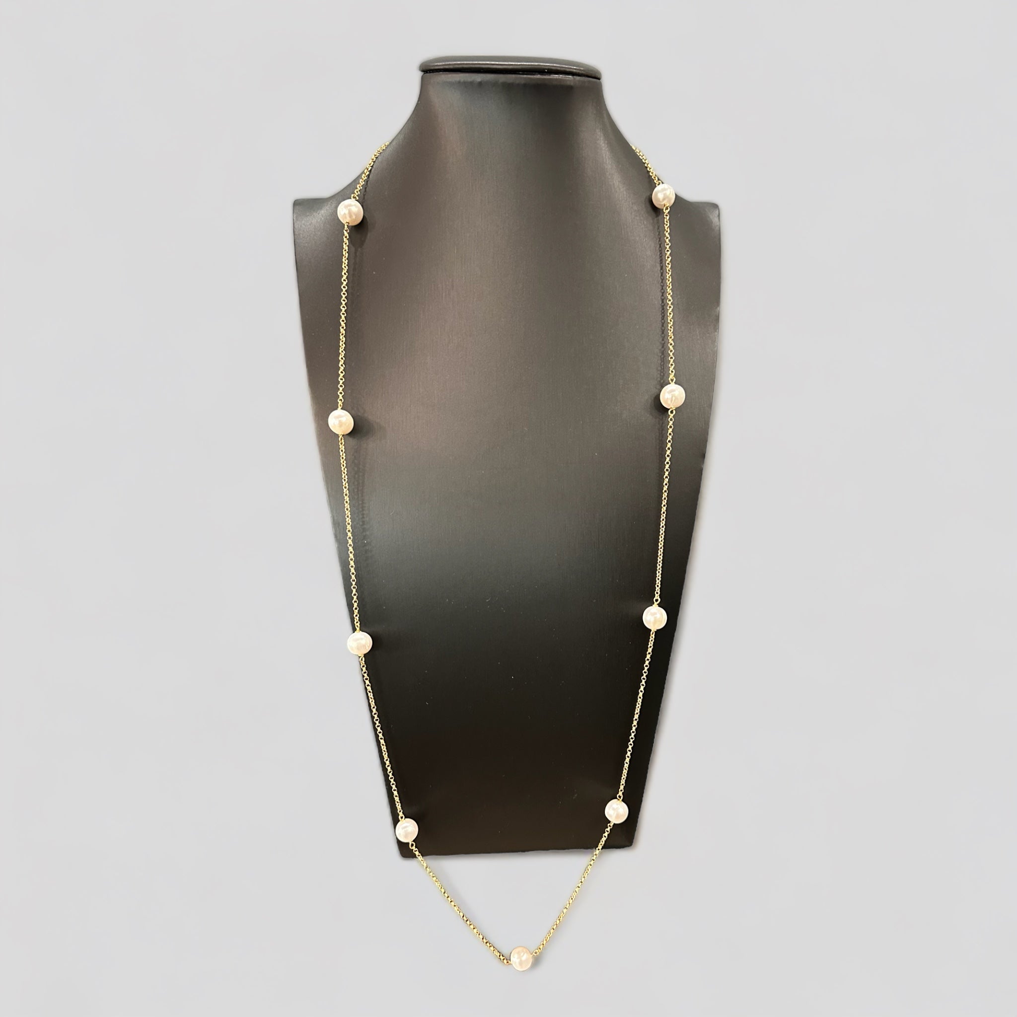 collana lunga catena rollò in argento 925 placcato oro giallo con perle naturali d'acqua dolce alternate