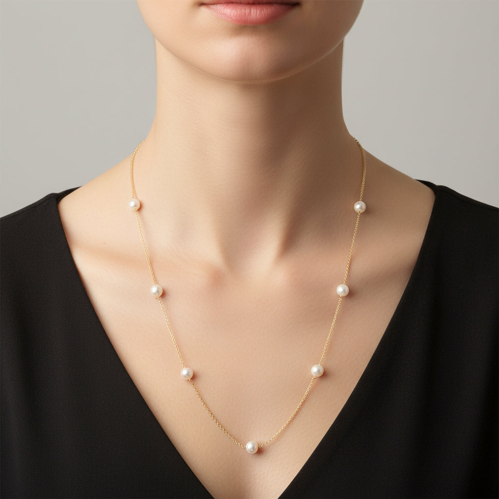 collana lunga catena rollò in argento 925 placcato oro giallo con perle naturali d'acqua dolce alternate