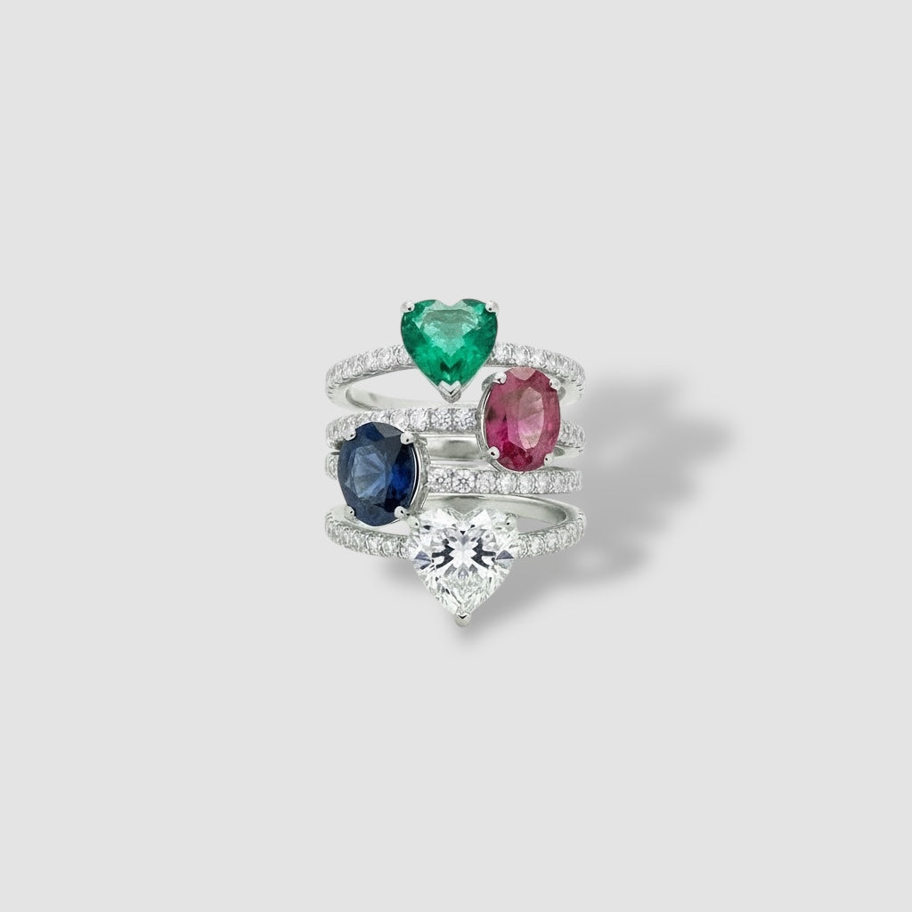 Anello Solitario in Argento 925 con Zircone a Cuore Trasparente/Smeraldo/Zaffiro/Rubino e Fede Zirconata