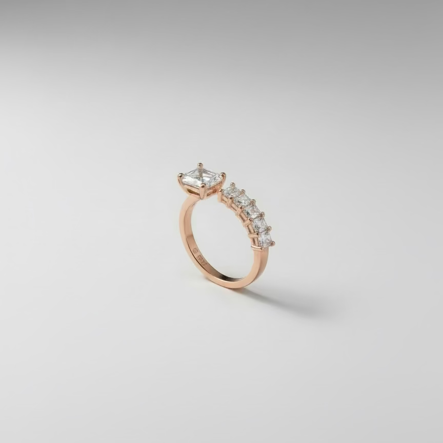 Anello in Argento 925 con Zircone Quadrato e Baguette di Zirconi Regolabile