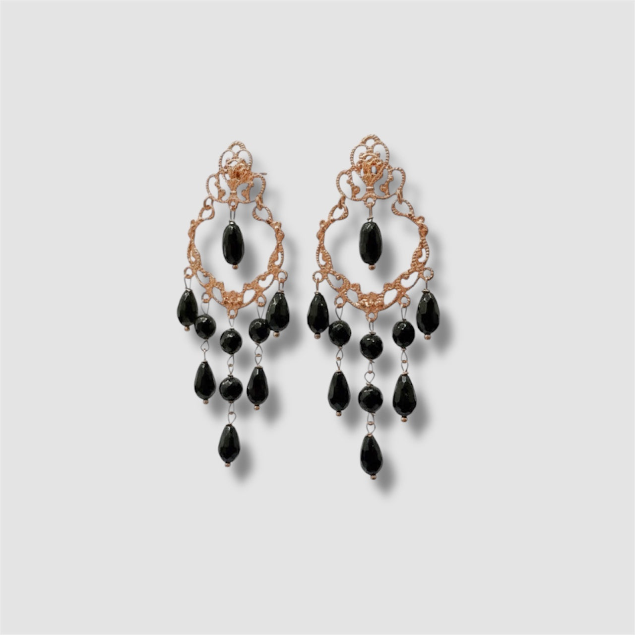 Orecchini pendenti in argento 925 rodiato placcato oro rosa 18kt e onice