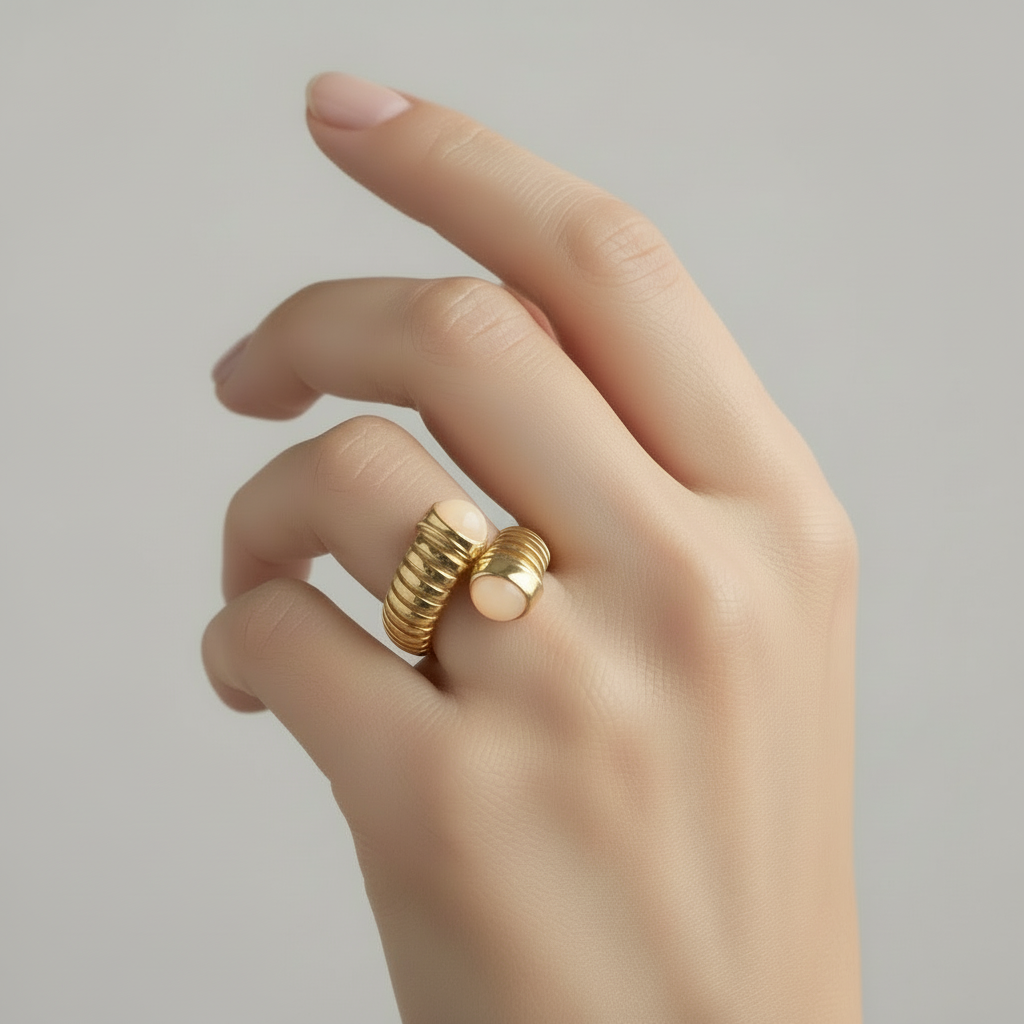 Anello tubogas in argento 925 placcato oro giallo e pietre cabochon finali malachite, madreperla o lapis