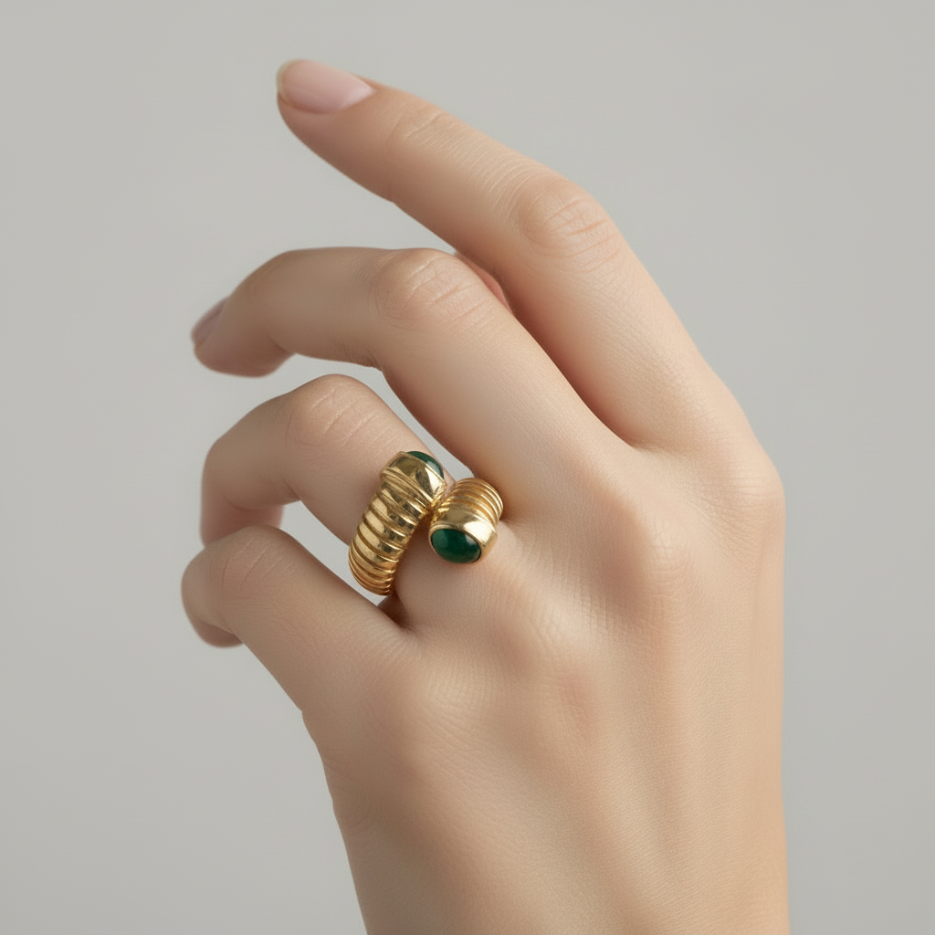 Anello tubogas in argento 925 placcato oro giallo e pietre cabochon finali malachite, madreperla o lapis