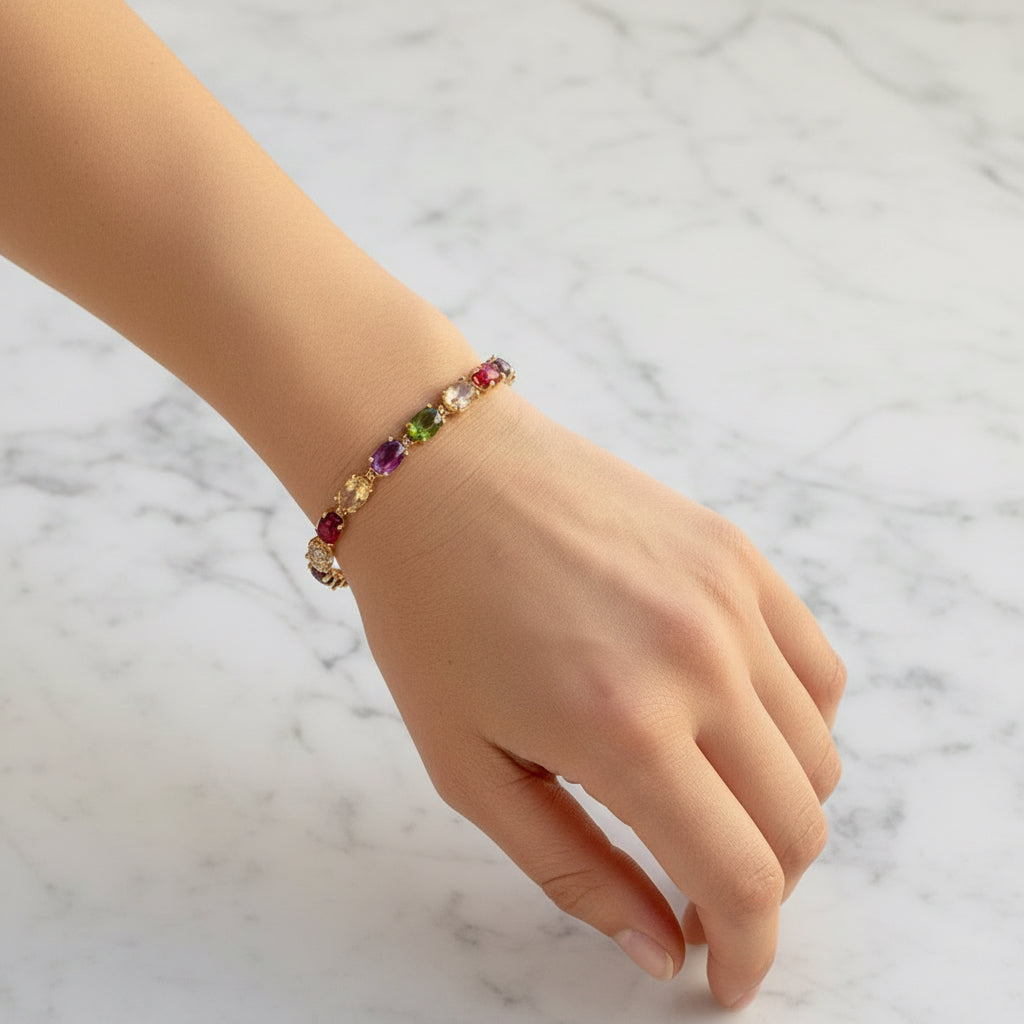 #Bracciale in argento 925 placcato oro giallo con pietre naturali taglio cabochon e zirconi