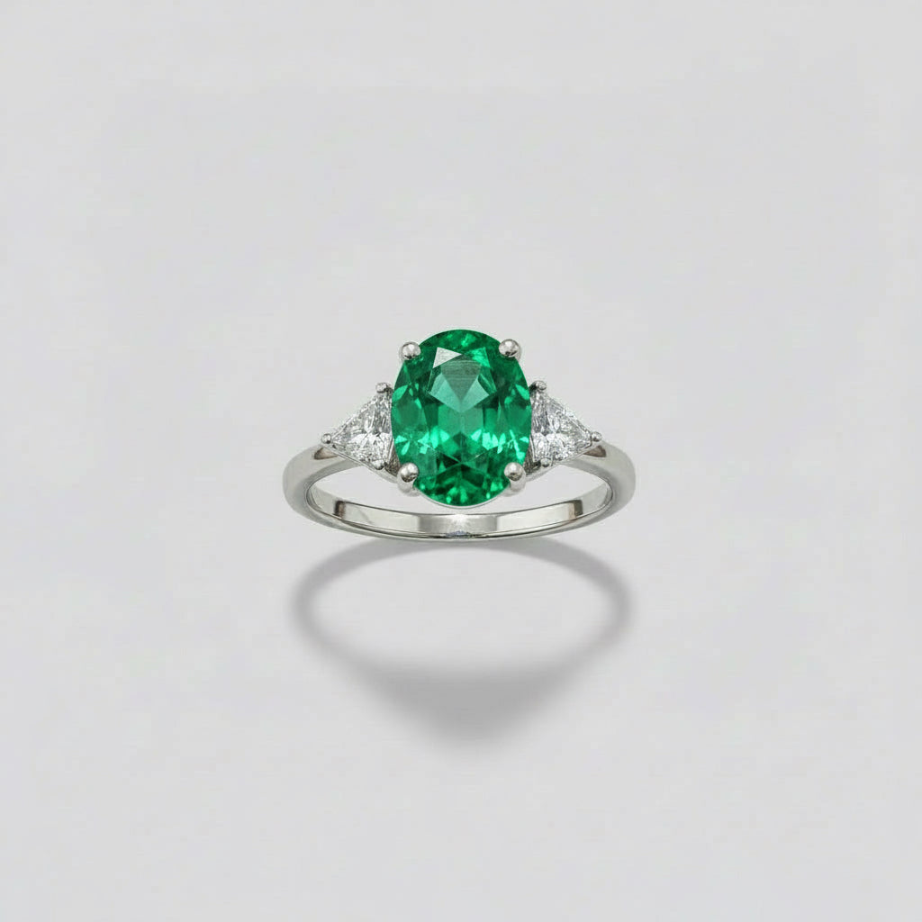 Anello con Pietra Zircone colorata Verde Smeraldo/Rubino/Acquamarina/Zaffiro o Trasparente e Zirconi triangolari punto luce