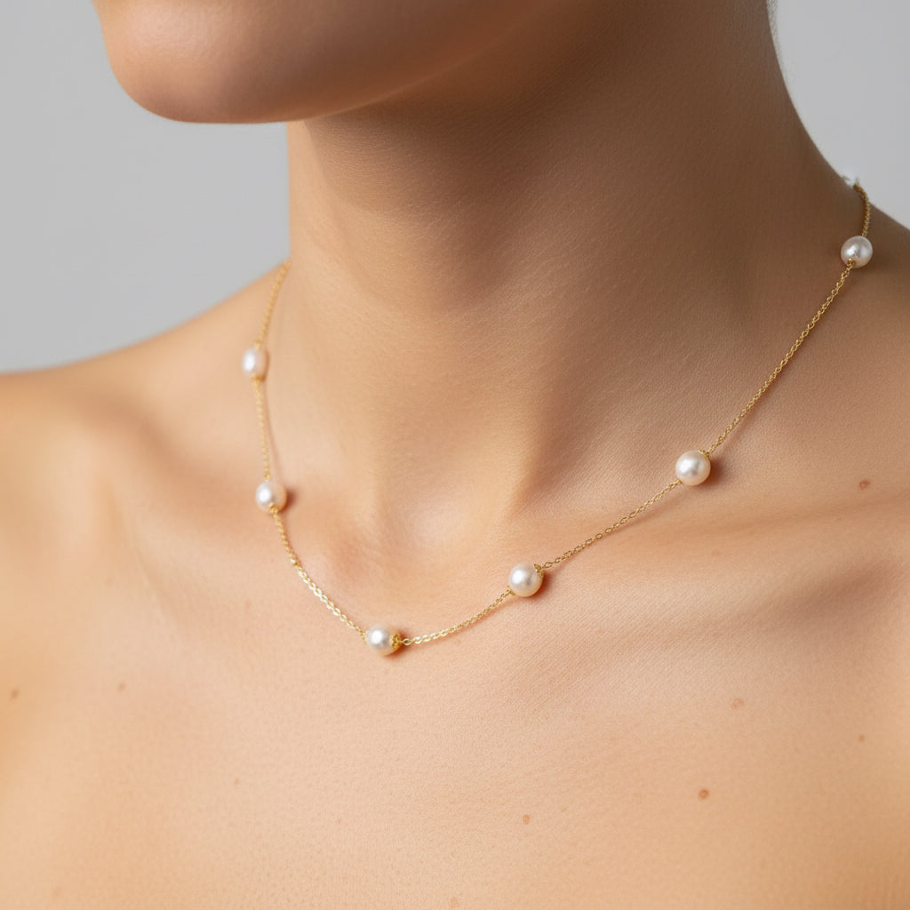 Collana lunga in argento 925 placcato oro giallo con perle d'acqua dolce e di madreperla