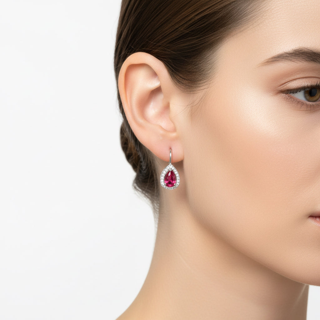 Orecchini monachella in argento 925 rodiato con zirconi a goccia rossi