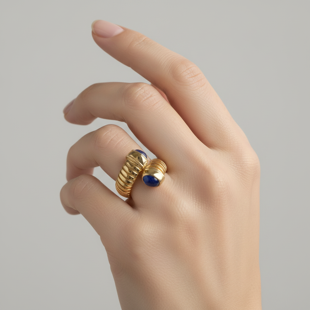 Anello tubogas in argento 925 placcato oro giallo e pietre cabochon finali malachite, madreperla o lapis