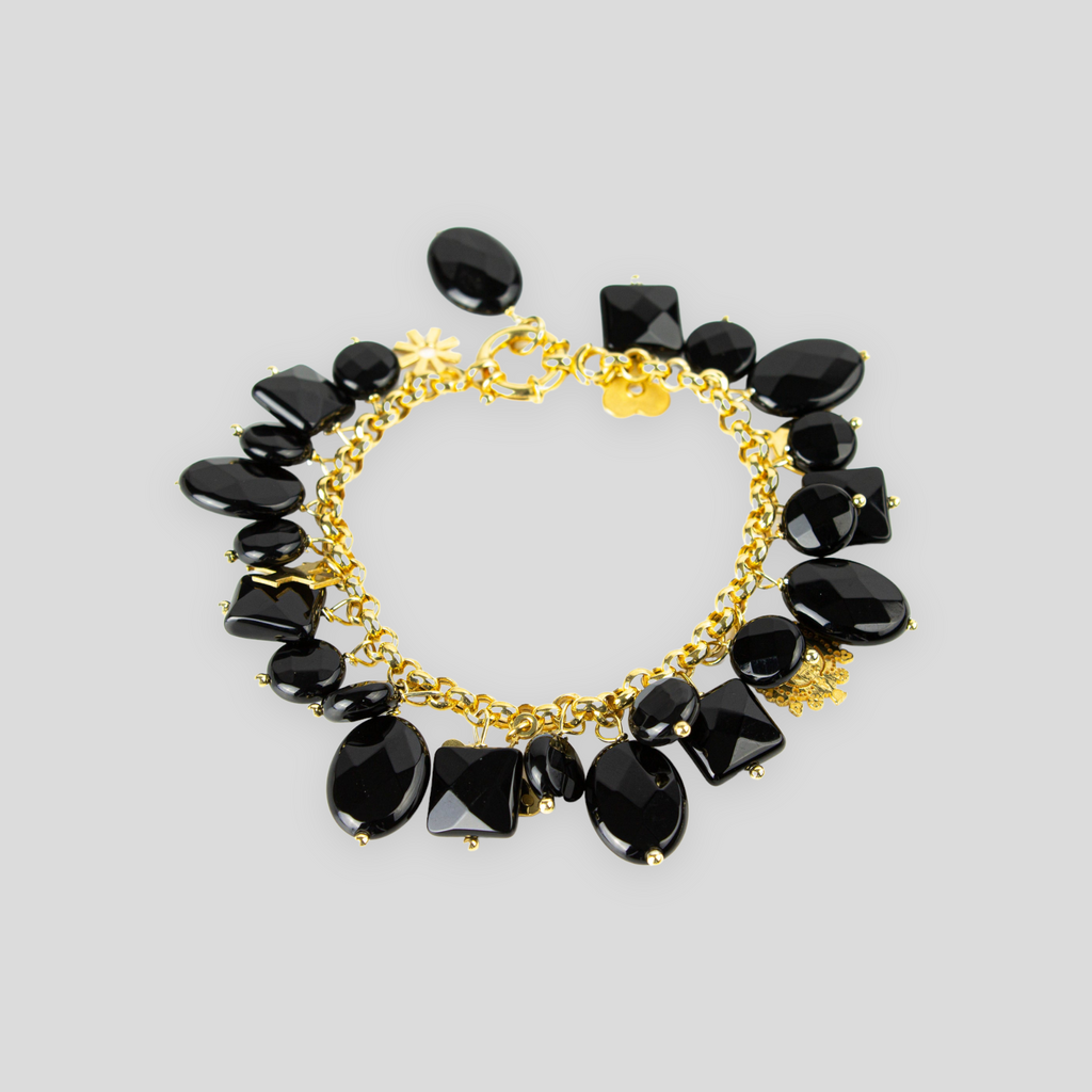 Bracciale rollò con charms logo Rossella Gioielli in argento 925 e onice