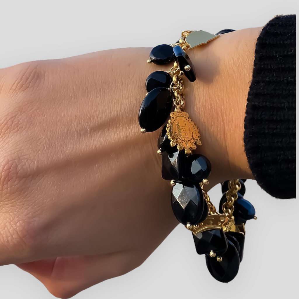 Bracciale rollò con charms logo Rossella Gioielli in argento 925 e onice