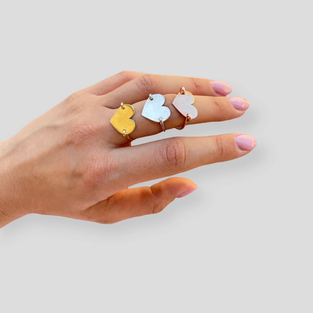 Anello a Cuore Rigido Placcato in Oro Giallo e Oro Rosa - Simbolo d'Amore Eterno con Personalizzazione Unica