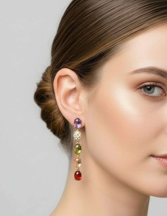 Orecchini pendenti con pietre naturali e zirconi in argento placcato oro giallo