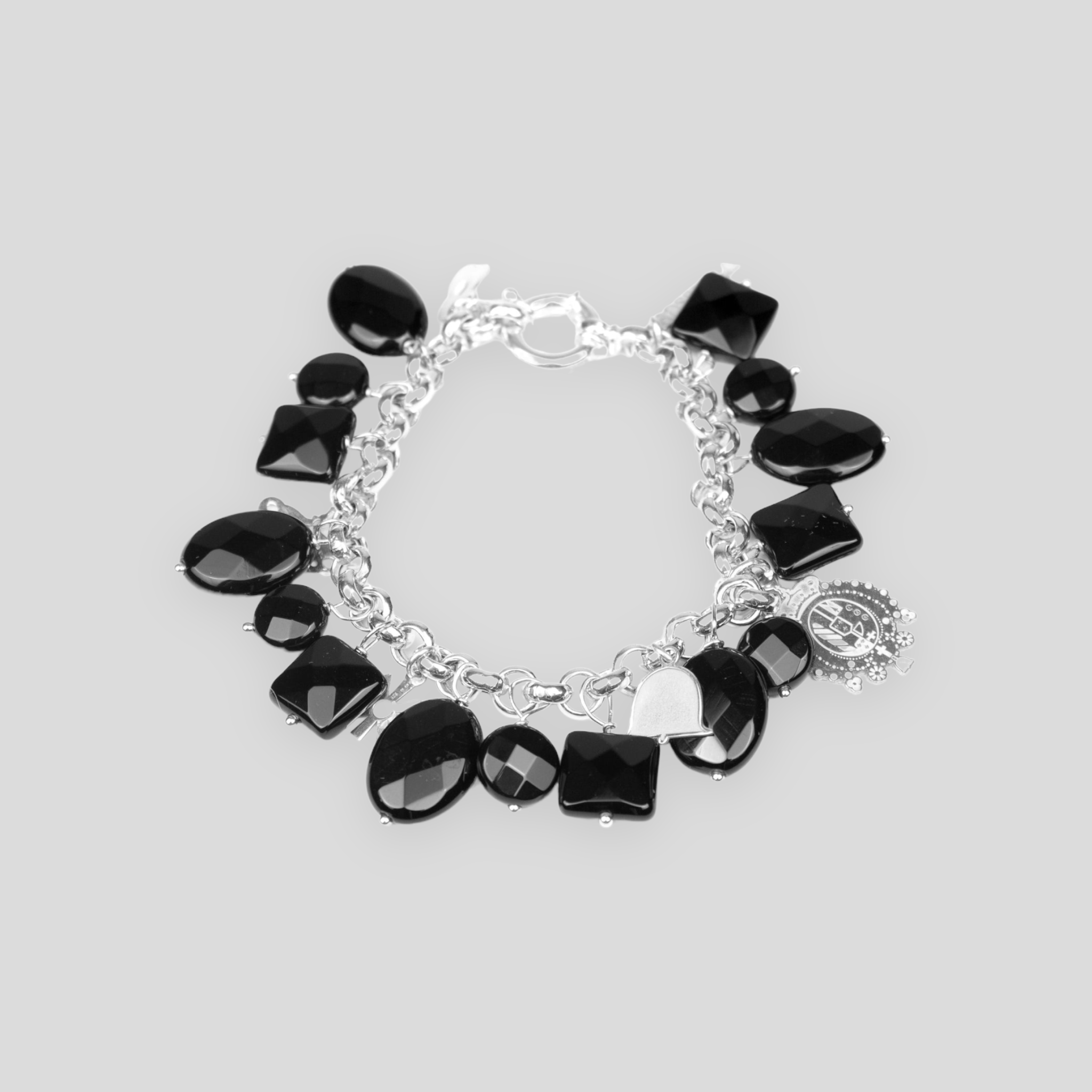 Bracciale rollò con charms logo Rossella Gioielli in argento 925 e onice