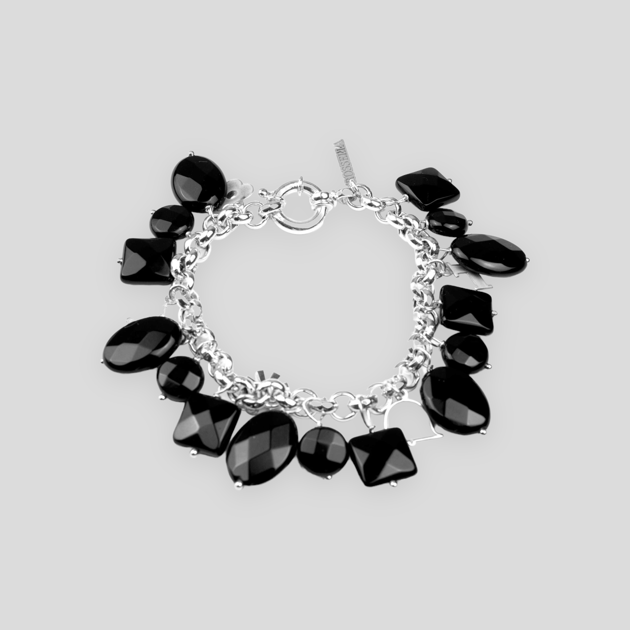 Bracciale rollò con charms logo Rossella Gioielli in argento 925 e onice